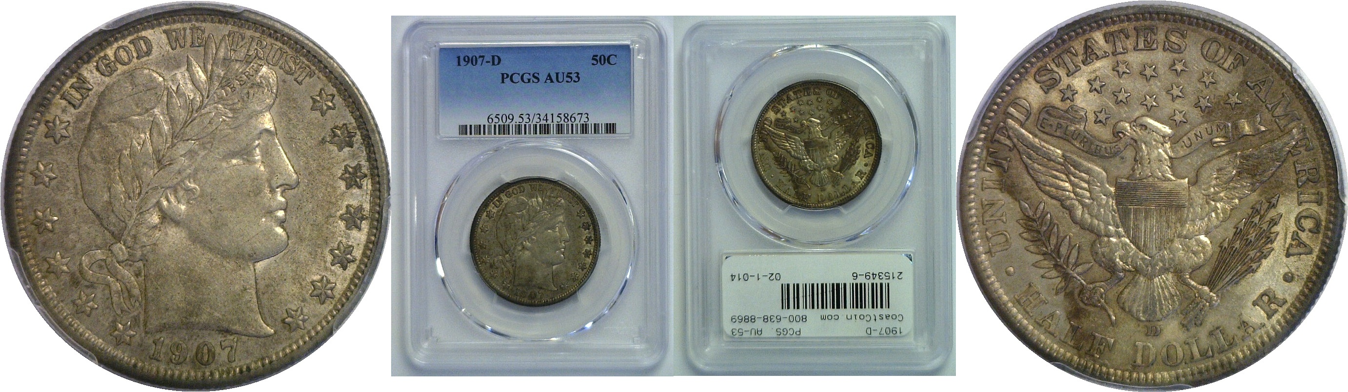 1907-D. PCGS. AU-53. | Barber Half Dollar | Coast to Coast Coins