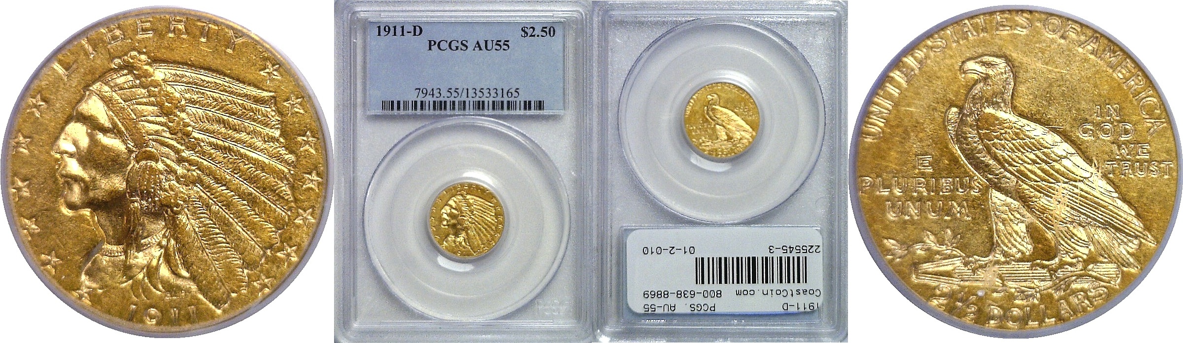 1911-D. PCGS. AU-55. | Two and a Half Dollar Gold Coin | Coast to Coast