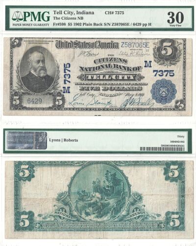 1902. $5. PMG. VF-30. IN. Tell City. Charter 7375.