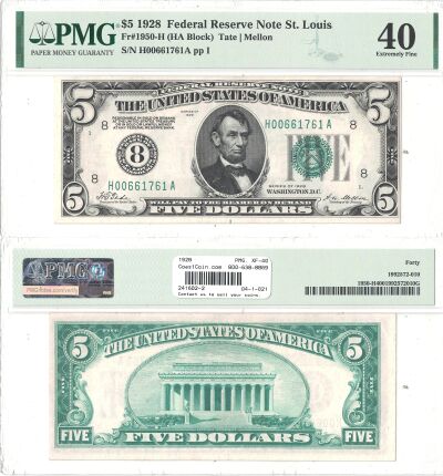 1928. $5. F-1950-H. PMG. XF-40. Federal Reserve No