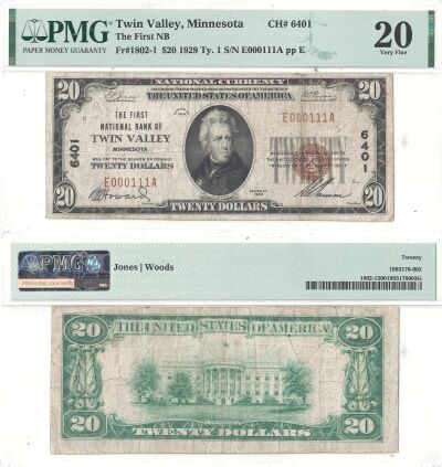 1929. $20. PMG. VF-20. MN. Twin Valley. Charter 64