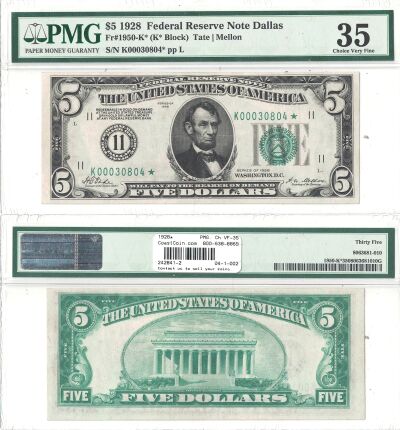 1928*. $5. F-1950-K*. PMG. Ch VF-35. Federal Reser