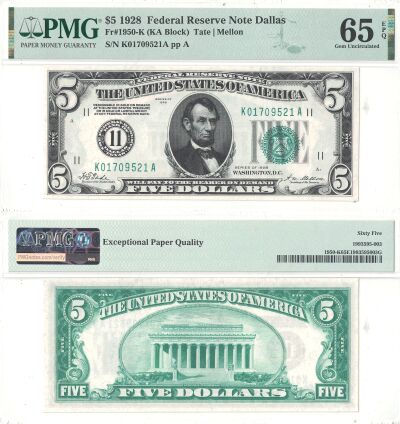 1928. $5. F-1950-K. PMG. Gem-65. EPQ. Federal Rese
