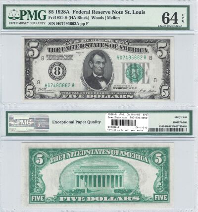 1928-A. $5. F-1951-H. PMG. Ch Unc-64. EPQ. Federal