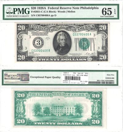 1928-A. $20. F-2051-C. PMG. Gem-65. EPQ. Federal R