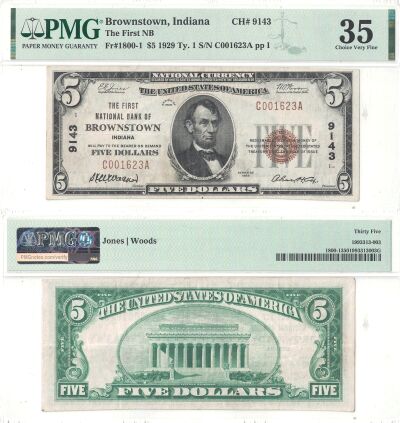 1929. $5. PMG. Ch VF-35. IN. Brownstown. Charter 9
