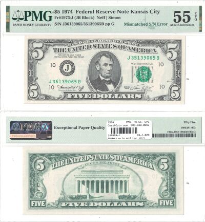 1974. $5. PMG. AU-55. EPQ. Federal Reserve Note.