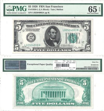 1928. $5. F-1950-L. PMG. Gem-65. EPQ. Federal Rese