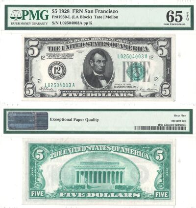 1928. $5. F-1950-L. PMG. Gem-65. EPQ. Federal Rese