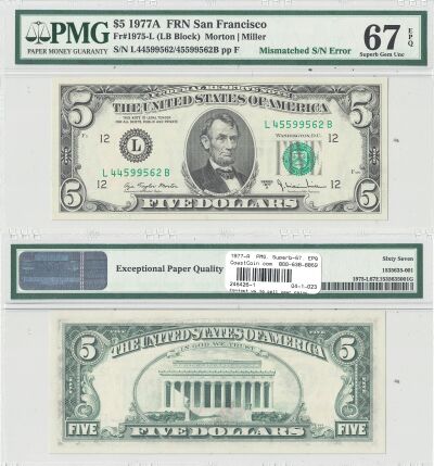 1977-A. $5. PMG. Superb-67. EPQ. Federal Reserve N