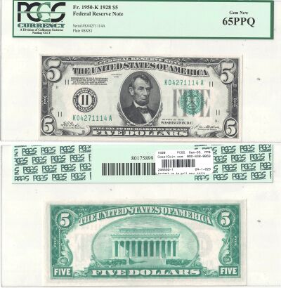 1928. $5. F-1950-K. PCGS. Gem-65. PPQ. Federal Res