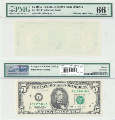 1995. $5. PMG. Gem-66. EPQ. Federal Reserve Note.