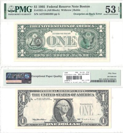 1995. $1. PMG. AU-53. EPQ. Federal Reserve Note.