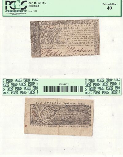 April 10, 1774. MD. Six Dollars. PCGS. XF-40.