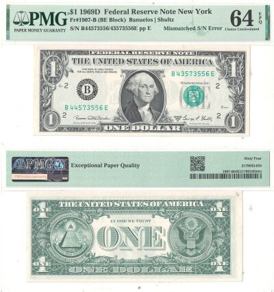 1969-D. $1. PMG. Ch Unc-64. EPQ. Federal Reserve N