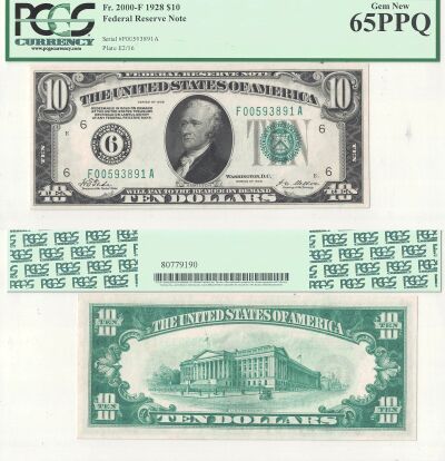 1928. $10. F-2000-F. PCGS. Gem-65. PPQ. Federal Re