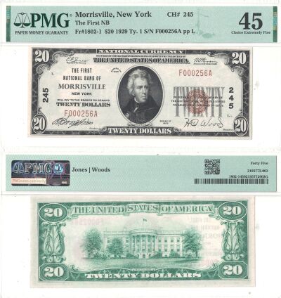 1929. $20. PMG. Ch XF-45. NY. Morrisville. Charter