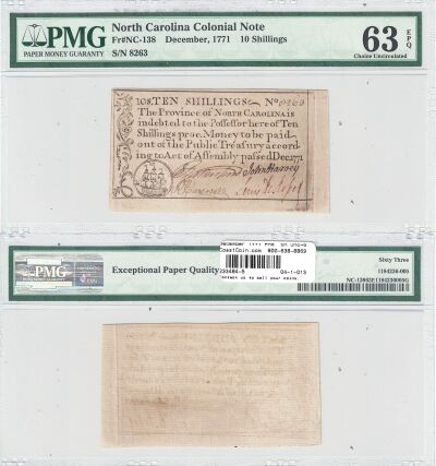 December 1771. NC. Ten Shillings. PMG. Ch Unc-63.