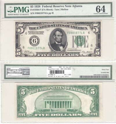 1928. $5. F-1950-F. PMG. Ch Unc-64. Federal Reserv