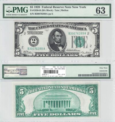 1928. $5. F-1950-B. PMG. Ch Unc-63. Federal Reserv
