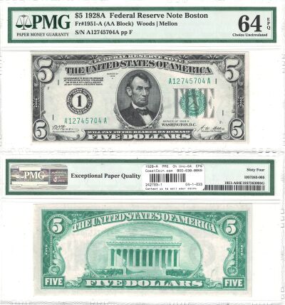 1928-A. $5. F-1951-A. PMG. Ch Unc-64. EPQ. Federal