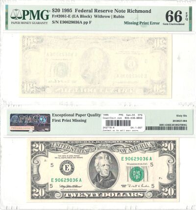 1995. $20. PMG. Gem-66. EPQ. Federal Reserve Note.