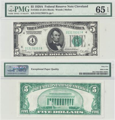 1928-A. $5. F-1951-D. PMG. Gem-65. EPQ. Federal Re