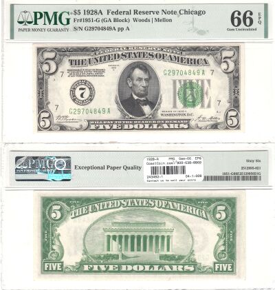 1928-A. $5. F-1951-G. PMG. Gem-66. EPQ. Federal Re