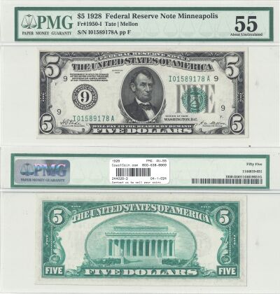 1928. $5. F-1950-I. PMG. AU-55. Federal Reserve No