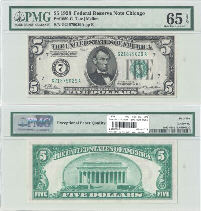 1928. $5. F-1950-G. PMG. Gem-65. EPQ. Federal Rese