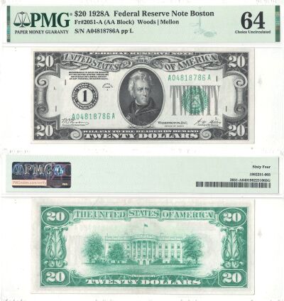 1928-A. $20. F-2051-A. PMG. Ch Unc-64. Federal Res
