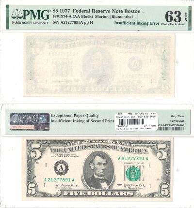 1977. $5. PMG. Ch Unc-63. EPQ. Federal Reserve Not