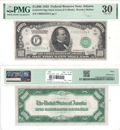 1928. $1000. F-2210-F. PMG. VF-30. Federal Reserve