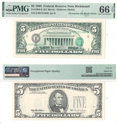 1995. $5. PMG. Gem-66. EPQ. Federal Reserve Note.